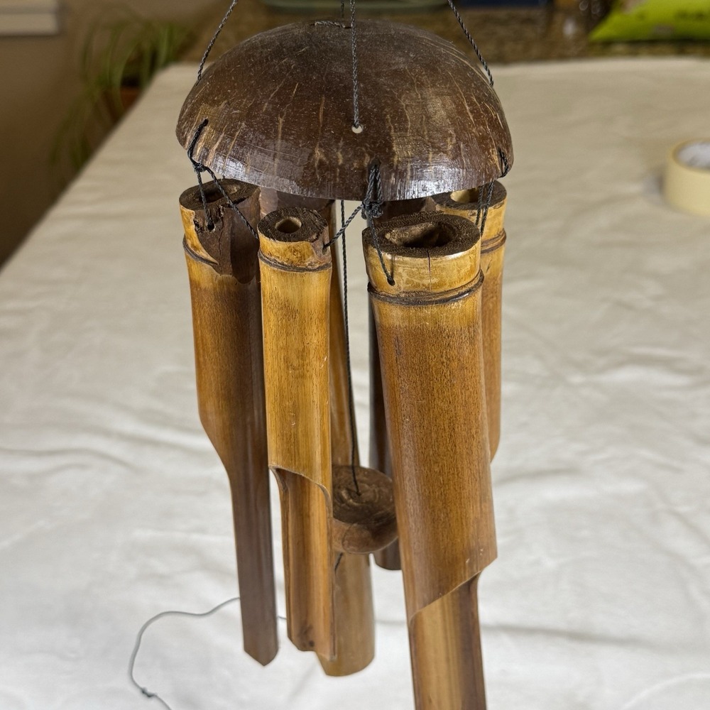 Vintage Bamboo Coconut Wind Chime Bramakee Imports Large 20in Asian Decor C595C